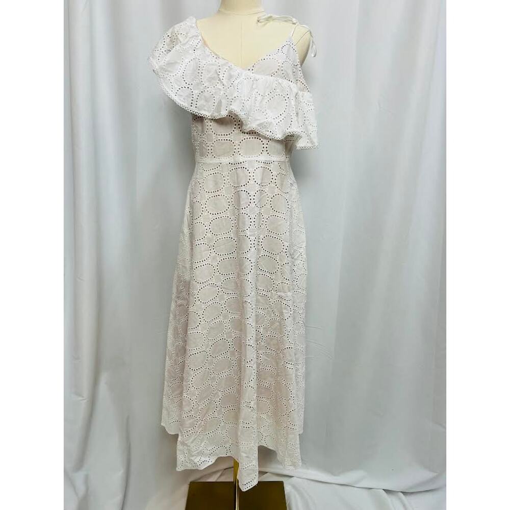 NWT! Pearl by Lela Rose Cotton Eyelet Asymmetrical Ruffle Dress WHITE/8
